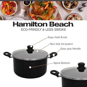 Hamilton Beach Nonstick Covered Stockpot 8-Qt - Black Aluminum Stockpot with Soft Touch Bakelite Handle & Glass Lid - Flared Edge - Spiral Bottom, Multipurpose Use - Durable & Dishwasher Safe