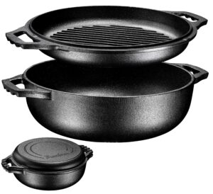 bruntmor 2-in-1 pre-seasoned cast iron dutch oven with dual handles, cocotte double braiser pan with grill lid 3.3 quarts - bbq grill, fryer - outdoor cookware set with dual handles, camping,- black