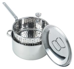 bayou classic 1101 10-qt stainless steel fry pot perfect for frying fish shrimp chicken hushpuppies and fries includes stainless steel perforated basket 5-in frying thermometer and stainless lid