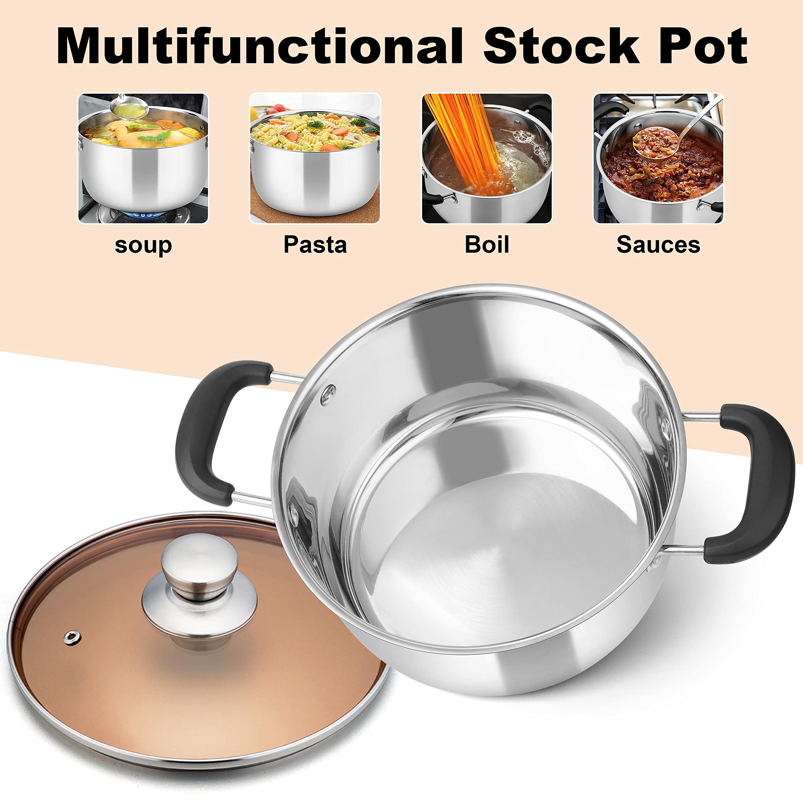 Homikit 6QT Stock Pot, 18/10 Stainless Steel Cooking Pot with Lid for Boil Stew Fry, Metal Round Pasta Soup Sauce Pot Great for Home Kitchen Restaurant, Heavy Duty & Rust Free, Dishwasher Safe