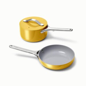 caraway mini duo - non-stick ceramic mini fry pan (1.05 qt, 8") & mini sauce pan (1.75 qt) - non toxic, ptfe & pfoa free - oven safe & stovetop agnostic (gas, electric & induction) - marigold