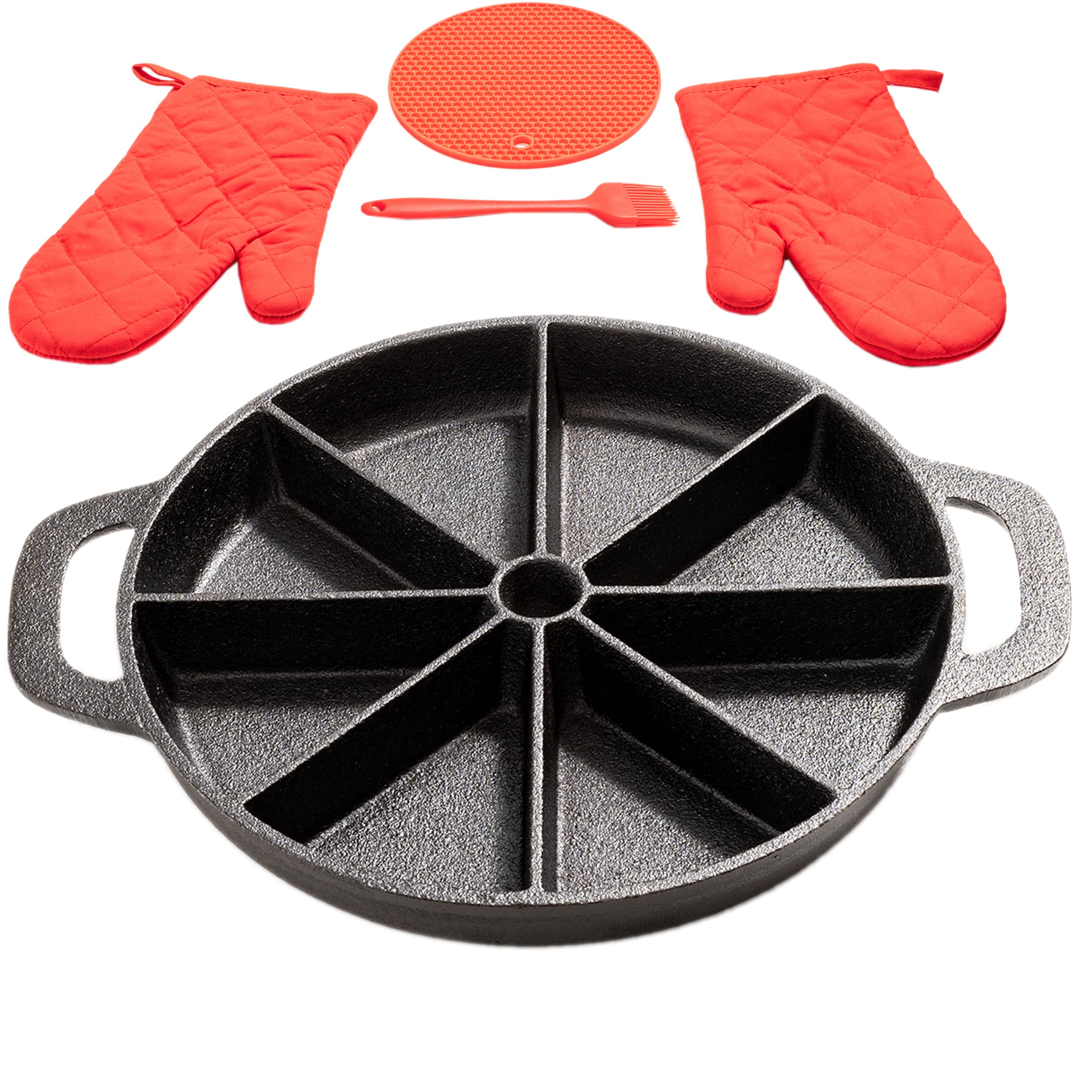 Cast Iron Scone Pan/Cornbread Pan for 8 Wedge Shaped Bakes, Pre-Seasoned - Comes with Oven Mitts, Silicone Trivet and Oil Brush - by KUHA