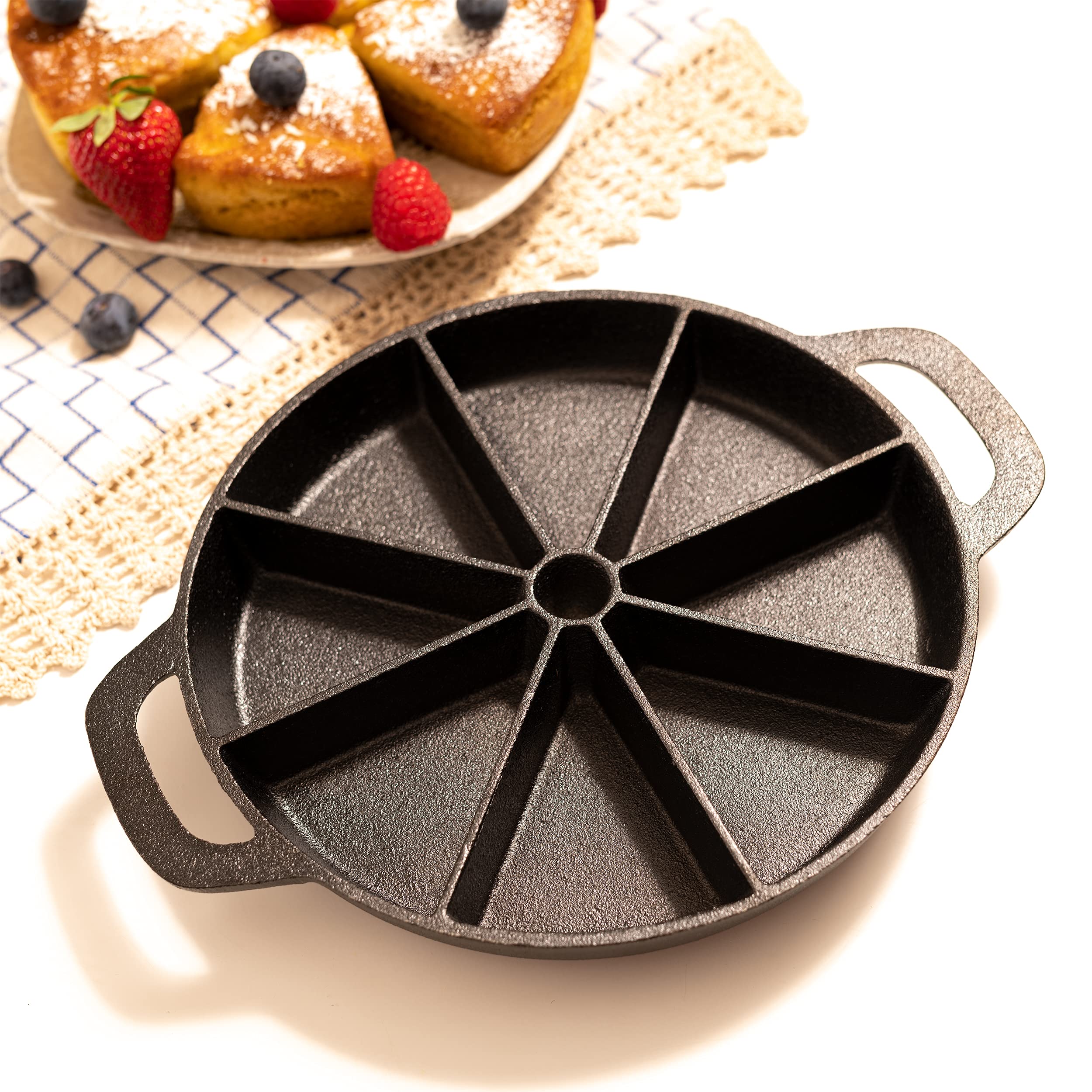 Cast Iron Scone Pan/Cornbread Pan for 8 Wedge Shaped Bakes, Pre-Seasoned - Comes with Oven Mitts, Silicone Trivet and Oil Brush - by KUHA