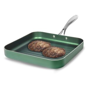 granitestone green nonstick grilling pan diamond infused, metal utensil sear ridges for grease draining, stainless steel stay cool handle, oven & dishwasher safe, 100% pfoa free, 10.5"