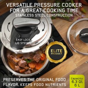 Universal 6.3 Quart / 6 Liter Stainless Steel Easy Use Pressure Cooker + Extra Glass Lid, Induction Compatible, Pressure Cooker & Multipurpose Pot, 7 servings, Pressure Canner