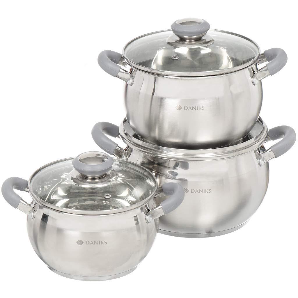 Daniks Modern Stainless Steel Kitchen Induction Pot Cookware Set | 6-Piece | Dishwasher Safe Pots | 2 Quart + 3 Quart + 4 Quart | Heatproof Handles | Silver