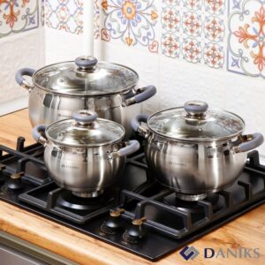 Daniks Modern Stainless Steel Kitchen Induction Pot Cookware Set | 6-Piece | Dishwasher Safe Pots | 2 Quart + 3 Quart + 4 Quart | Heatproof Handles | Silver