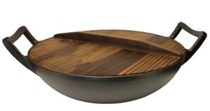 kasian house cast iron wok, pre-seasoned with wooden lid 12" diameter and large handles, stir fry pan