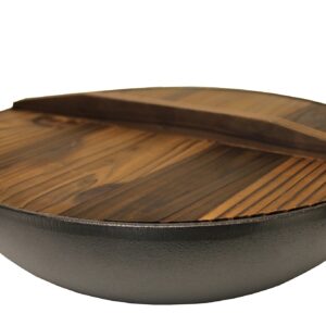 Kasian House Cast Iron Wok, Pre-Seasoned with Wooden Lid 12" Diameter and Large Handles, Stir Fry Pan