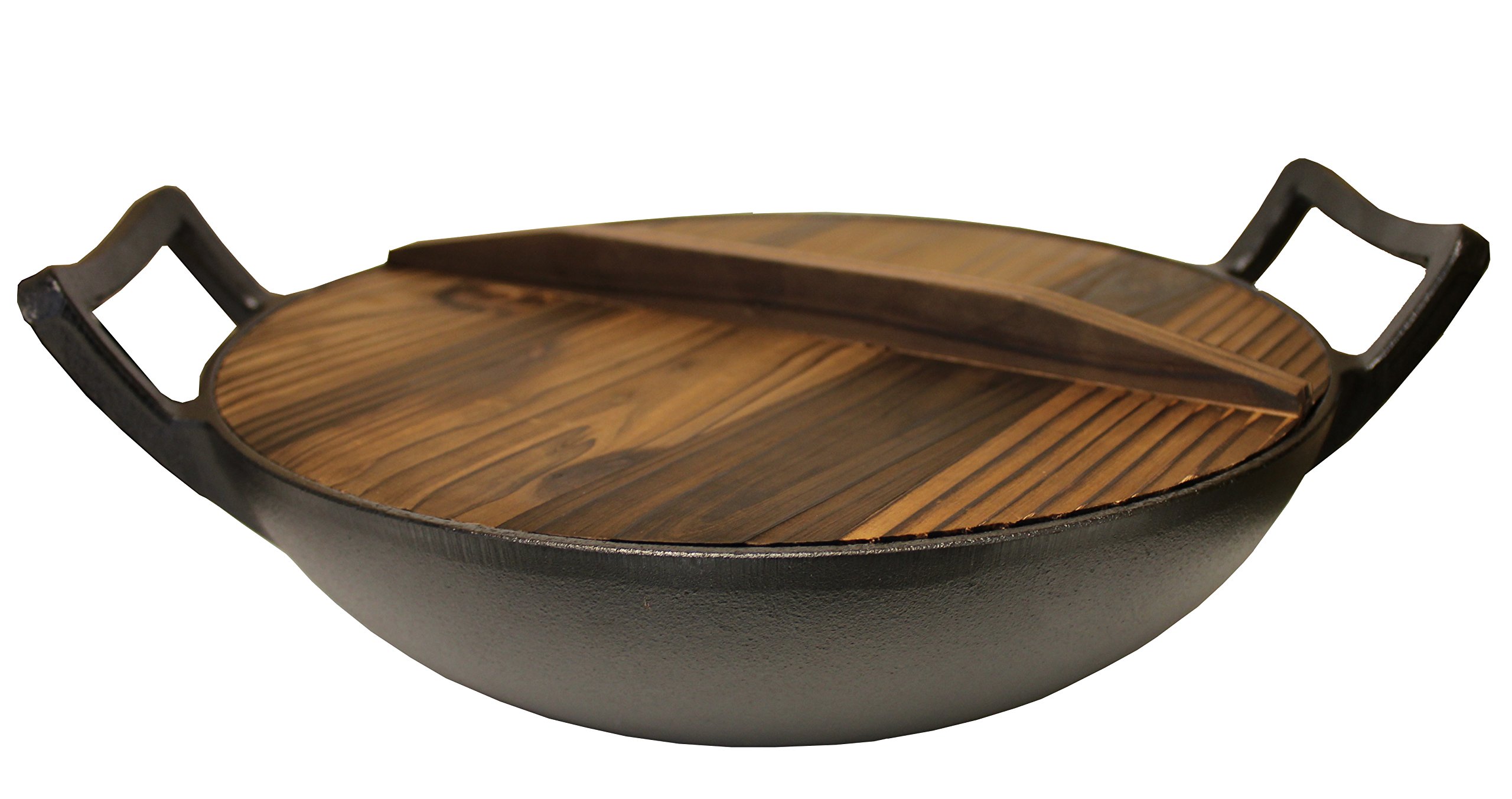 Kasian House Cast Iron Wok, Pre-Seasoned with Wooden Lid 12" Diameter and Large Handles, Stir Fry Pan