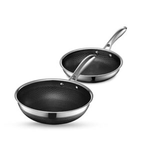 hexclad 2 piece hybrid stainless steel cookware set - 10 inch wok pan and 8 inch fry pan with stay cool handles, dishwasher and oven safe, non-stick