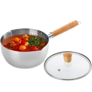 deayou stainless steel saucepan with glass lid, 2 quart yukihira sauce pan with wood handle, traditional japanese snow pan pot with two side spouts for cooking, noodles, soups, hot milk, 8"