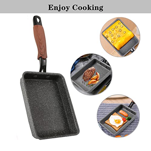 DXBVIEX Japanese Omelette Pan Nonstick With Wooden Lid, Rectangle Tamagoyaki Pan, Small Square Frying Egg Roll Pan, 5.7"x 7.6" With Spatula & Brush (Black)