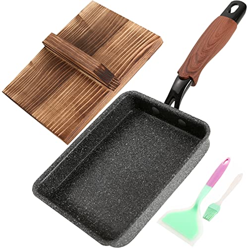 DXBVIEX Japanese Omelette Pan Nonstick With Wooden Lid, Rectangle Tamagoyaki Pan, Small Square Frying Egg Roll Pan, 5.7"x 7.6" With Spatula & Brush (Black)