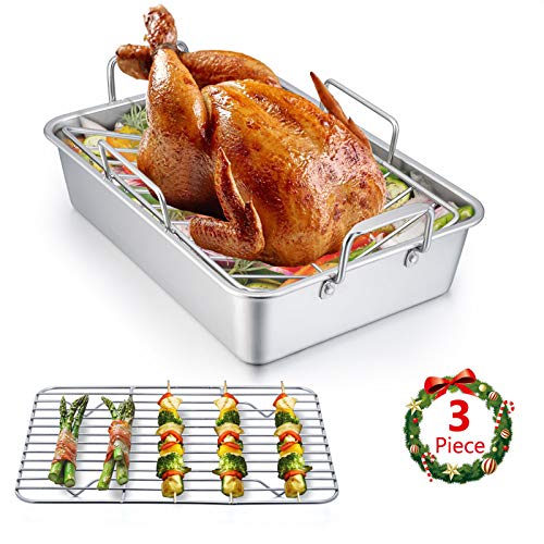 Stainless Steel Roasting Pan, E-far 14 x 10.6 Inch Heavy Duty Turkey Roaster with V Rack & Baking Rack Set, Small Metal Deep Broiling Pan for Oven Cooking Lasagna Meat Chicken - Dishwasher Safe