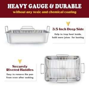 Stainless Steel Roasting Pan, E-far 14 x 10.6 Inch Heavy Duty Turkey Roaster with V Rack & Baking Rack Set, Small Metal Deep Broiling Pan for Oven Cooking Lasagna Meat Chicken - Dishwasher Safe