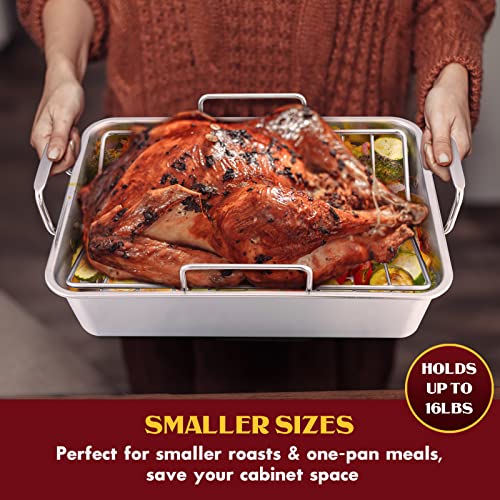 Stainless Steel Roasting Pan, E-far 14 x 10.6 Inch Heavy Duty Turkey Roaster with V Rack & Baking Rack Set, Small Metal Deep Broiling Pan for Oven Cooking Lasagna Meat Chicken - Dishwasher Safe