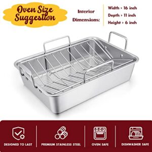 Stainless Steel Roasting Pan, E-far 14 x 10.6 Inch Heavy Duty Turkey Roaster with V Rack & Baking Rack Set, Small Metal Deep Broiling Pan for Oven Cooking Lasagna Meat Chicken - Dishwasher Safe