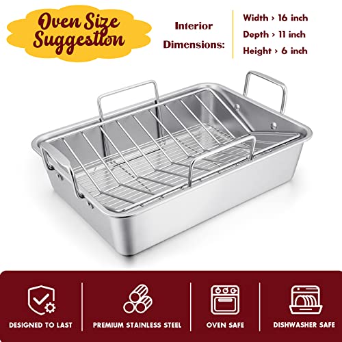 Stainless Steel Roasting Pan, E-far 14 x 10.6 Inch Heavy Duty Turkey Roaster with V Rack & Baking Rack Set, Small Metal Deep Broiling Pan for Oven Cooking Lasagna Meat Chicken - Dishwasher Safe