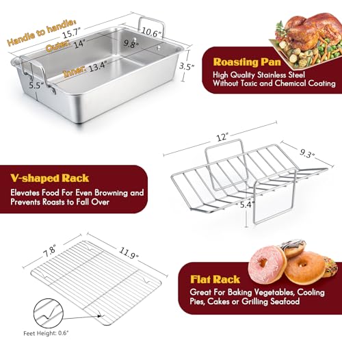 Stainless Steel Roasting Pan, E-far 14 x 10.6 Inch Heavy Duty Turkey Roaster with V Rack & Baking Rack Set, Small Metal Deep Broiling Pan for Oven Cooking Lasagna Meat Chicken - Dishwasher Safe