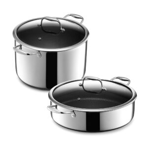 hexclad 4 piece hybrid stainless steel cookware set - 10 quart stockpot and 7 quart saucepan pot, easy to clean, dishwasher & oven safe, non-stick, perfect for soups, stews and boiling seafood