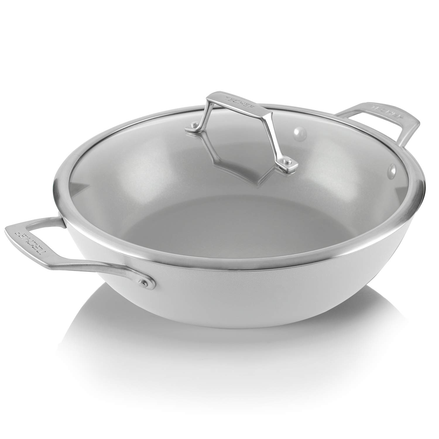 TECHEF - CeraTerra, 5 Qt / 12-in Ceramic Nonstick All Purpose Chef Pan with Cover, (PTFE and PFOA Free Ceramic Exterior & Interior), Oven & Dishwasher Safe, Made in Korea, Grey/Silver (5 Qt Chef Pan)