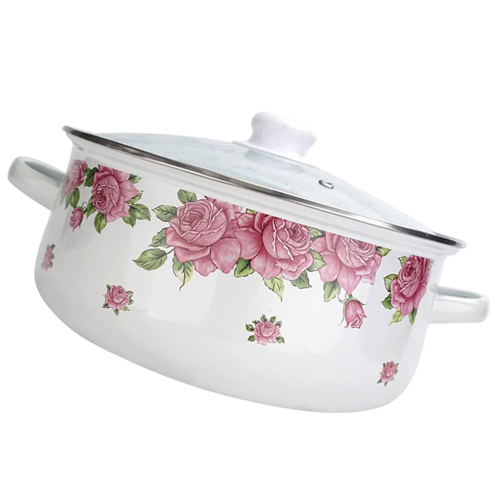 CALLARON 1 Set Enamel Stockpot with Lid Vintage Floral Enamel on Steel Cooking Pot Enamelware Stew Nonstick Soup Pot Stove Cookware for Home Kitchen Restaurant Pink 1.5L