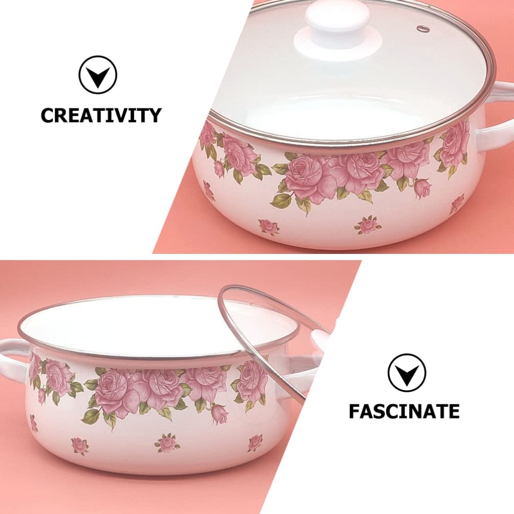 CALLARON 1 Set Enamel Stockpot with Lid Vintage Floral Enamel on Steel Cooking Pot Enamelware Stew Nonstick Soup Pot Stove Cookware for Home Kitchen Restaurant Pink 1.5L