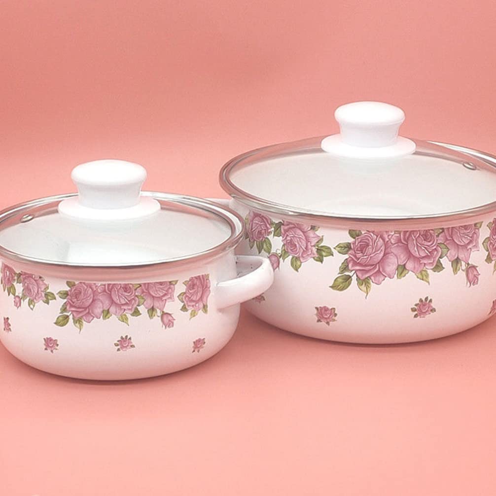 CALLARON 1 Set Enamel Stockpot with Lid Vintage Floral Enamel on Steel Cooking Pot Enamelware Stew Nonstick Soup Pot Stove Cookware for Home Kitchen Restaurant Pink 1.5L