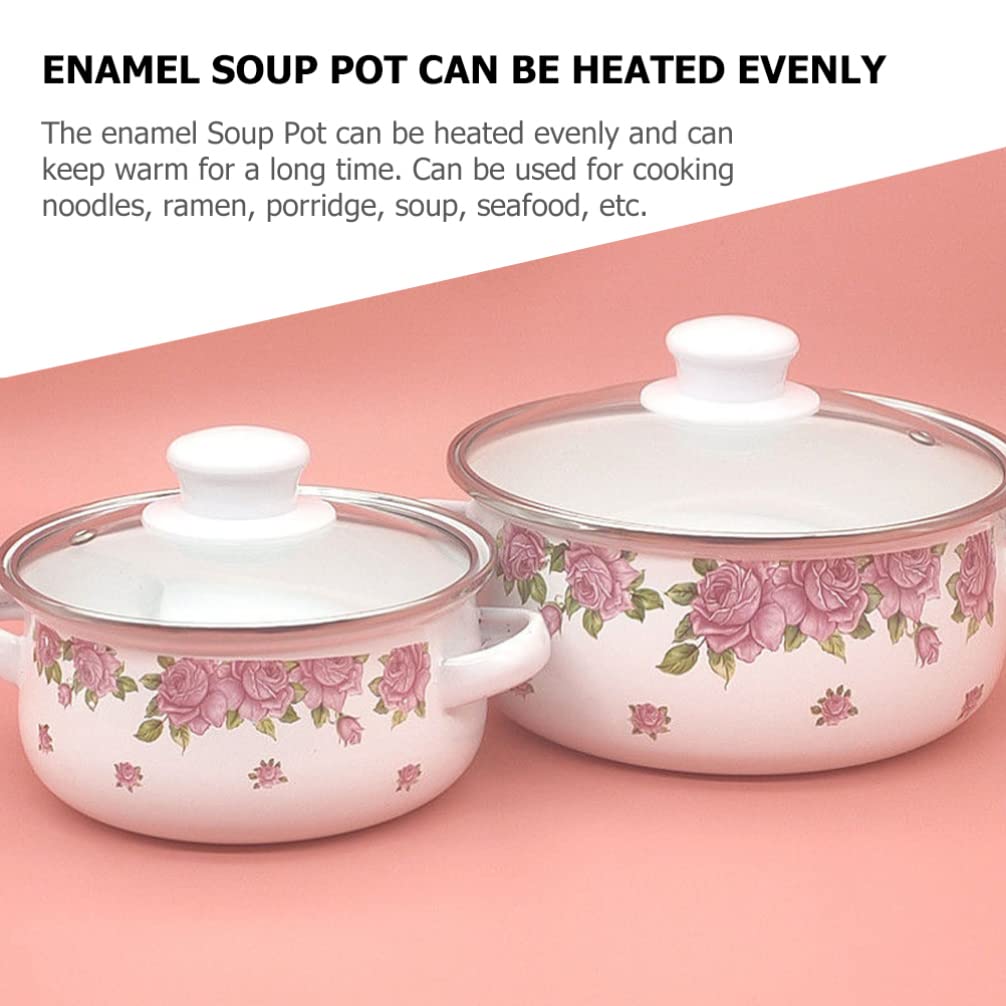 CALLARON 1 Set Enamel Stockpot with Lid Vintage Floral Enamel on Steel Cooking Pot Enamelware Stew Nonstick Soup Pot Stove Cookware for Home Kitchen Restaurant Pink 1.5L