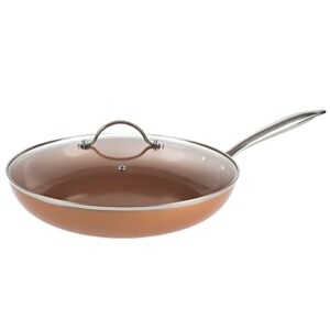 classic cuisine non-stick fry pan with glass lid, 12", induction bottom, dishwasher safe, ceramic finish, copper color