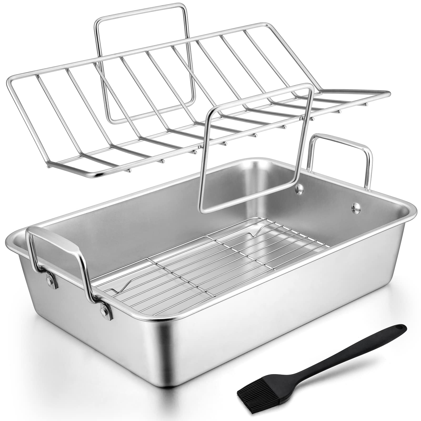 Stainless Steel Roasting Pan with Rack, HaSteeL Large 15.2In Lasagna Roaster Pan, Baking Rack, V-shaped Rack & 8In Basting Brush, Great for Turkey/Chicken/Veggies, Heavy Duty & Dishwasher Safe - 4Pcs