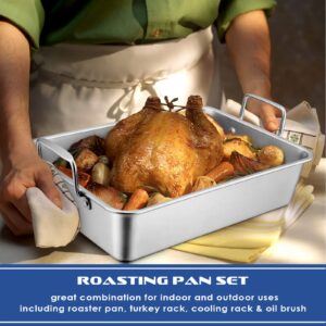 Stainless Steel Roasting Pan with Rack, HaSteeL Large 15.2In Lasagna Roaster Pan, Baking Rack, V-shaped Rack & 8In Basting Brush, Great for Turkey/Chicken/Veggies, Heavy Duty & Dishwasher Safe - 4Pcs