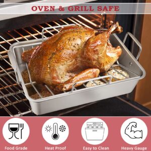 Stainless Steel Roasting Pan with Rack, HaSteeL Large 15.2In Lasagna Roaster Pan, Baking Rack, V-shaped Rack & 8In Basting Brush, Great for Turkey/Chicken/Veggies, Heavy Duty & Dishwasher Safe - 4Pcs