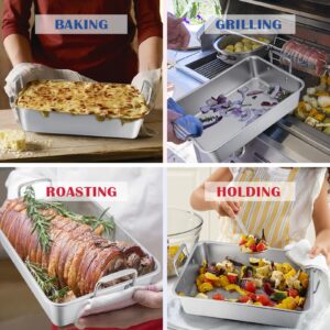 Stainless Steel Roasting Pan with Rack, HaSteeL Large 15.2In Lasagna Roaster Pan, Baking Rack, V-shaped Rack & 8In Basting Brush, Great for Turkey/Chicken/Veggies, Heavy Duty & Dishwasher Safe - 4Pcs