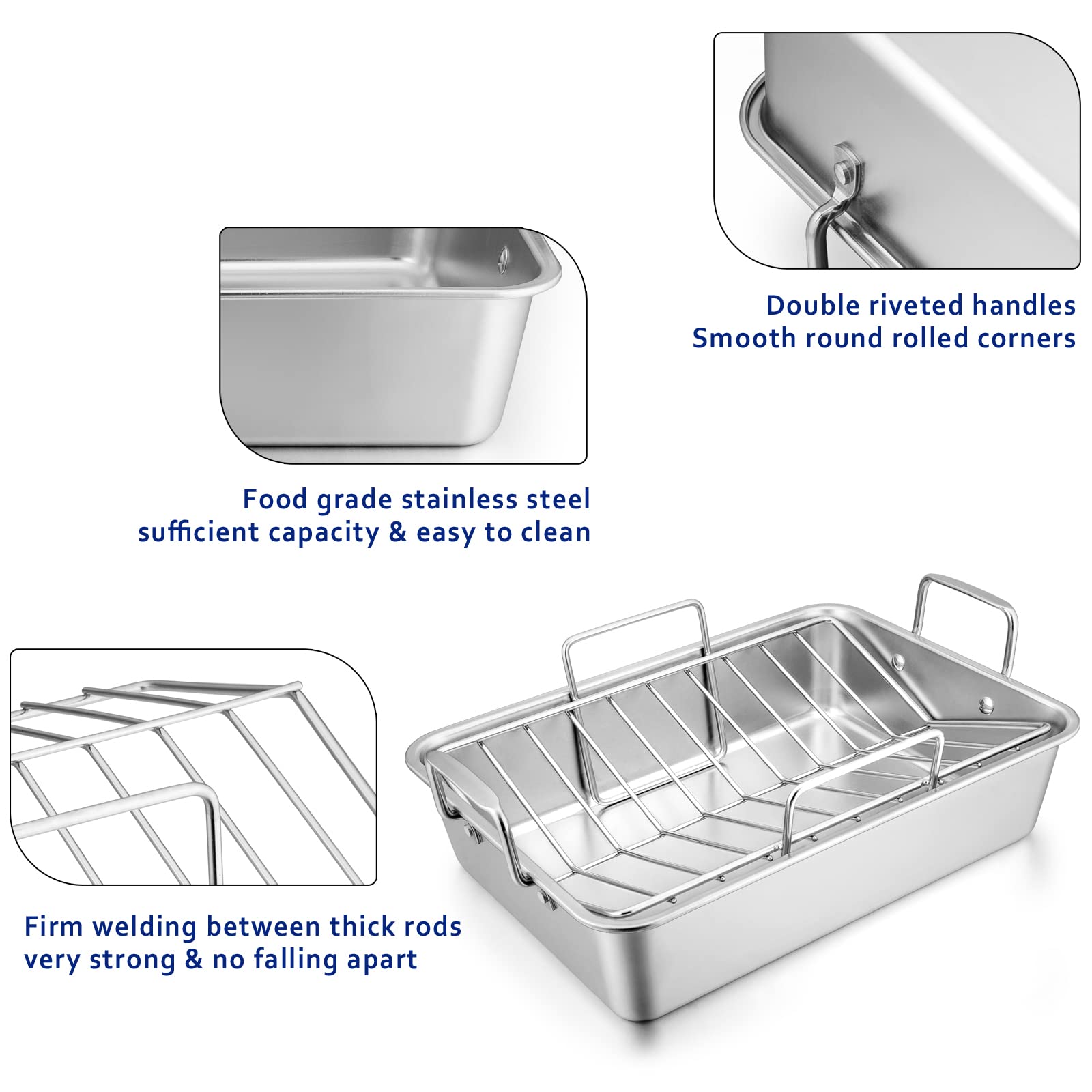 Stainless Steel Roasting Pan with Rack, HaSteeL Large 15.2In Lasagna Roaster Pan, Baking Rack, V-shaped Rack & 8In Basting Brush, Great for Turkey/Chicken/Veggies, Heavy Duty & Dishwasher Safe - 4Pcs