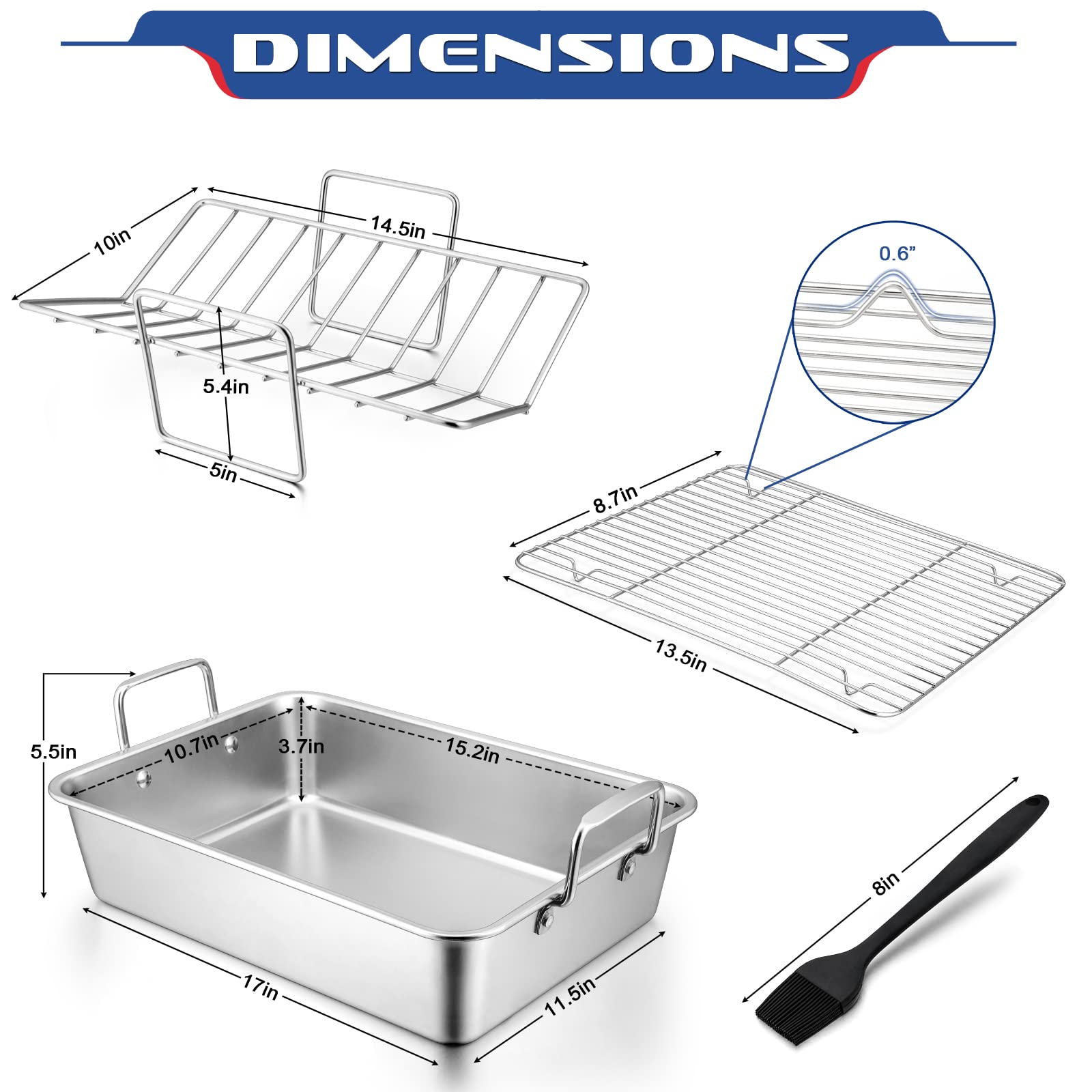 Stainless Steel Roasting Pan with Rack, HaSteeL Large 15.2In Lasagna Roaster Pan, Baking Rack, V-shaped Rack & 8In Basting Brush, Great for Turkey/Chicken/Veggies, Heavy Duty & Dishwasher Safe - 4Pcs