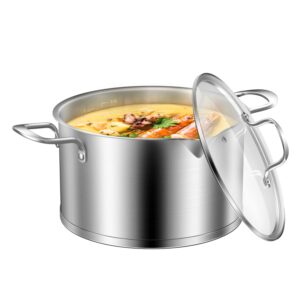 5 quart stainless steel induction stock pot with glass lid, 5 qt pasta cooking soup pot with pour spout, scale engraved inside, oven dishwasher safe, multipurpose use for home kitchen restaurant