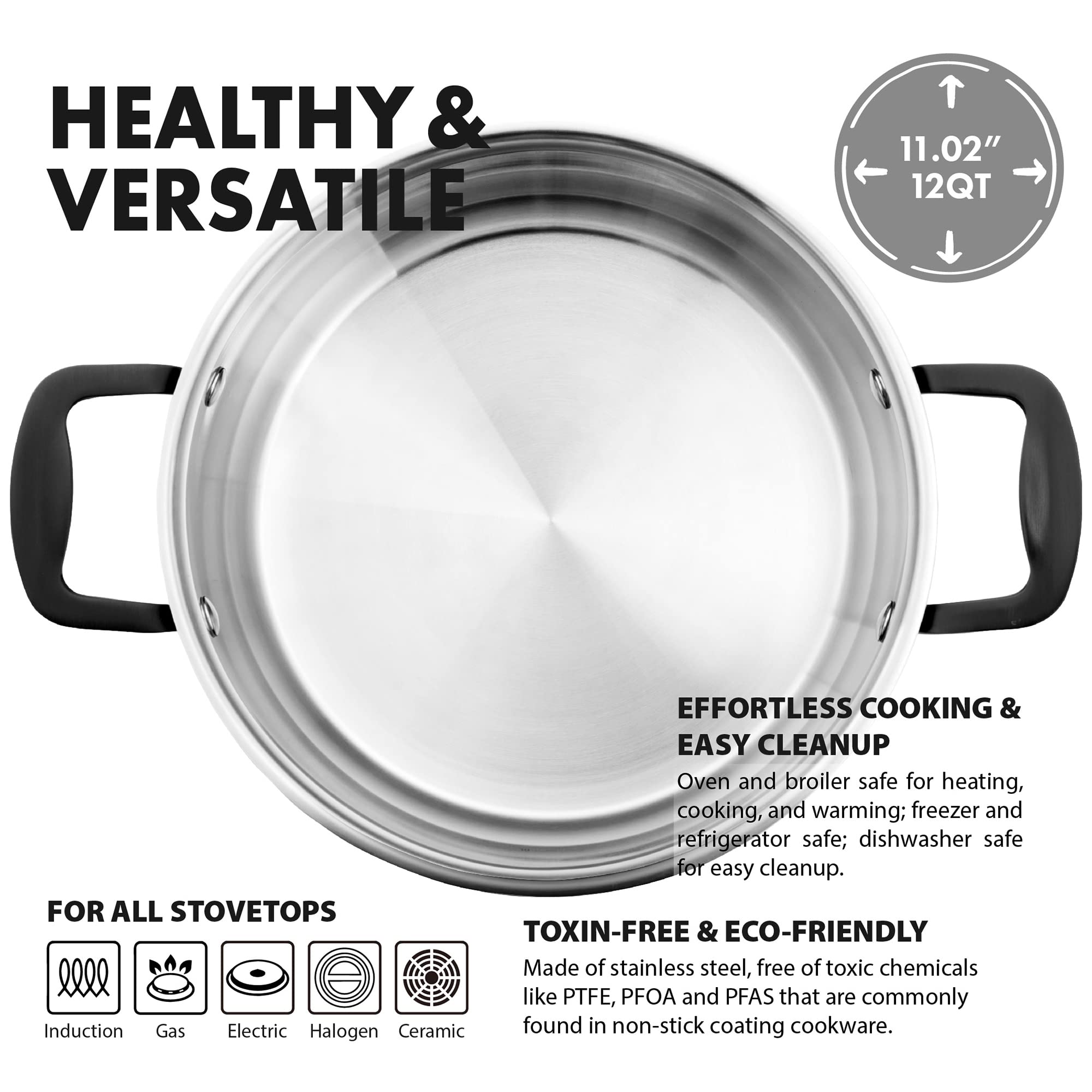 GrandTies Tri-Ply Stainless Steel Stock Pot Induction Cookware – 12 QT Capsule Bottom Stainless Steel Pot, Marquina Black Metal Handles Kitchen Cooking large Pot with Lid, Dishwasher Safe Pot & Pan