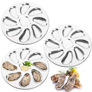 zoofox 3 pack stainless steel oyster plate, 8 slots oyster grill pan, oyster shell shaped tray for oysters, sauce and lemons, 9.8 inch
