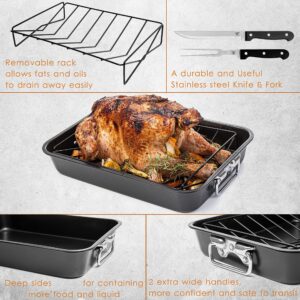 Moss & Stone Carbon Steel Roaster Pan With “V” Shape Removable Roasting Rack Set, 16.5 Inch Rectangular Nonstick Roasting Pan, Turkey Roaster Pan Rack With Carving Fork & Chef Knife