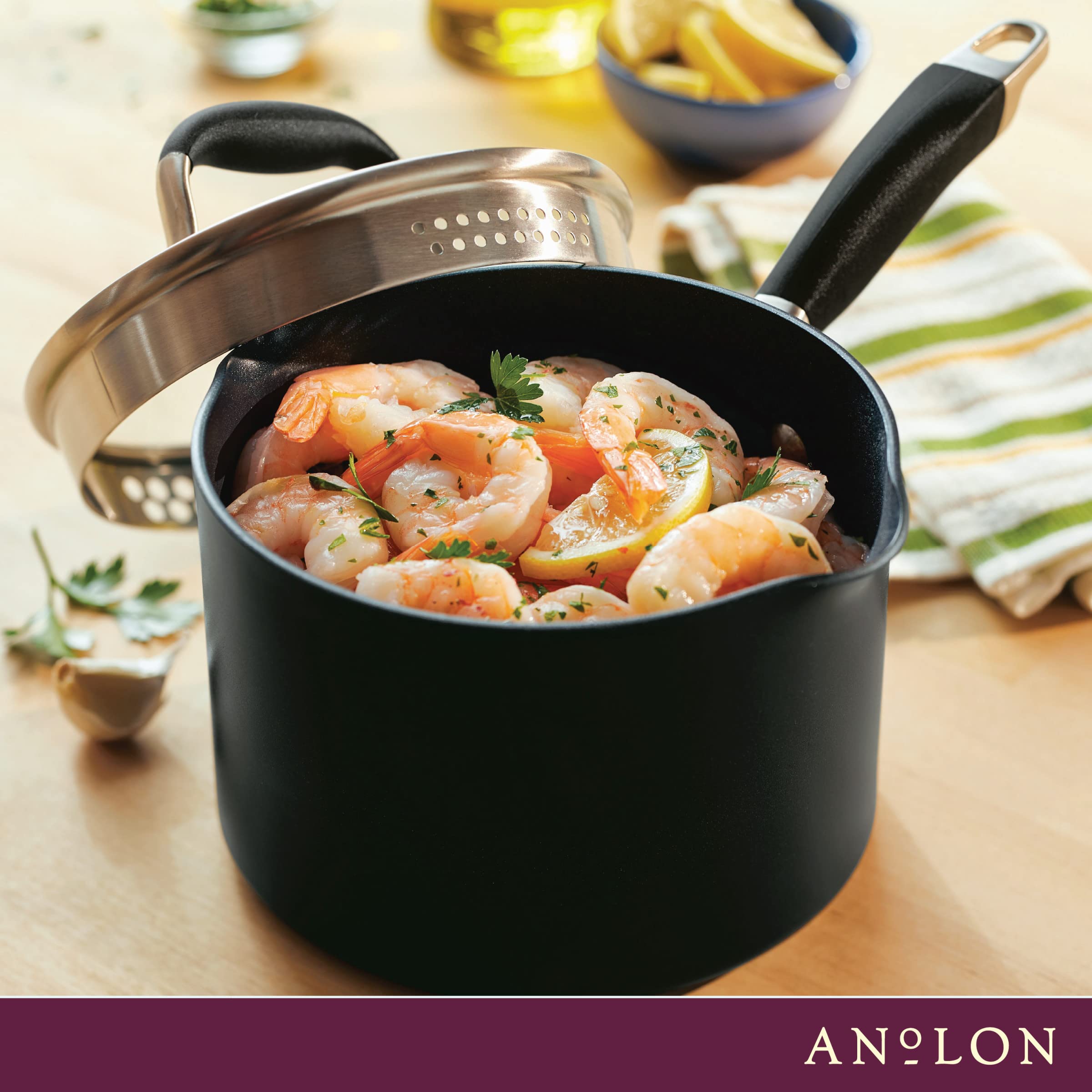 Anolon Advanced Home Hard Anodized Nonstick Sauce Pan/Saucepan with Straining and Lid, 2 Quart (2 Qt Straining Saucepan, Onyx)