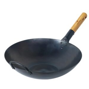 letschef carbon steel wok 13.5" pre-seasoned no coating flat bottom hand hammered woks & stir-fry pans with bamboo and steel helper handle thickness 1.5mm pfoa free