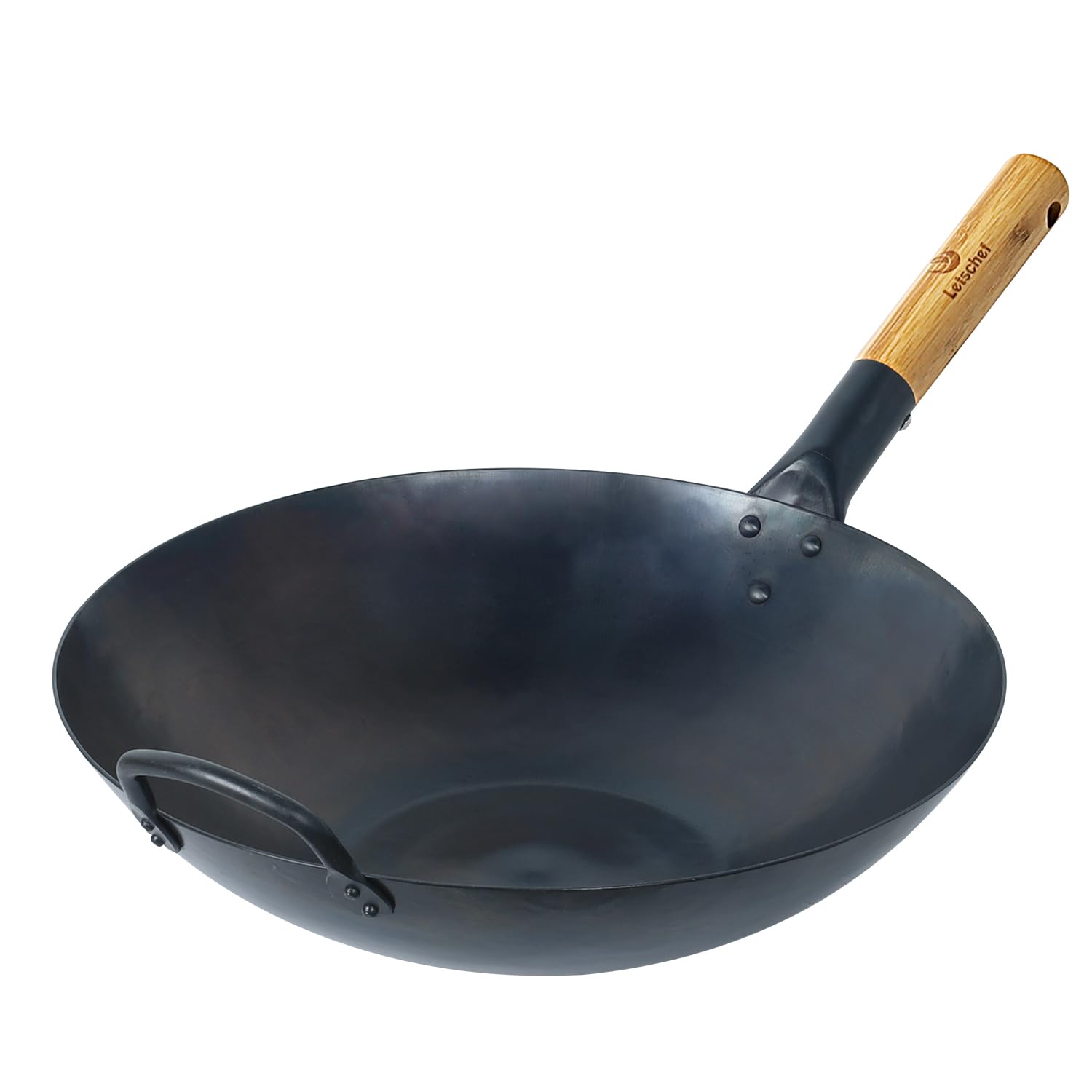 Letschef Carbon Steel Wok 13.5" Pre-seasoned No Coating Flat Bottom Hand Hammered Woks & Stir-Fry Pans with Bamboo and Steel Helper Handle Thickness 1.5mm PFOA Free