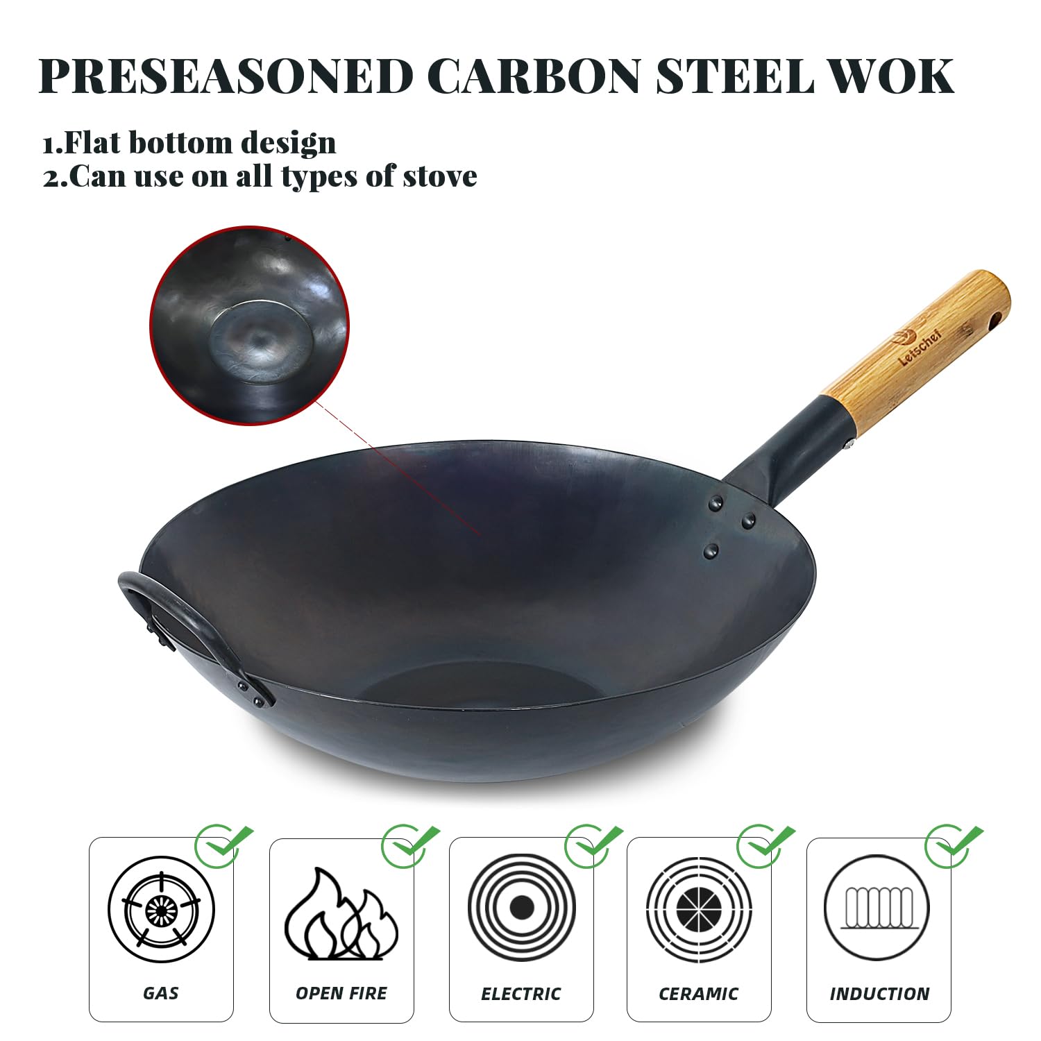 Letschef Carbon Steel Wok 13.5" Pre-seasoned No Coating Flat Bottom Hand Hammered Woks & Stir-Fry Pans with Bamboo and Steel Helper Handle Thickness 1.5mm PFOA Free