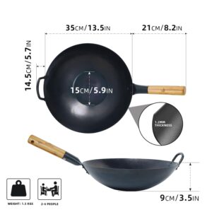 Letschef Carbon Steel Wok 13.5" Pre-seasoned No Coating Flat Bottom Hand Hammered Woks & Stir-Fry Pans with Bamboo and Steel Helper Handle Thickness 1.5mm PFOA Free