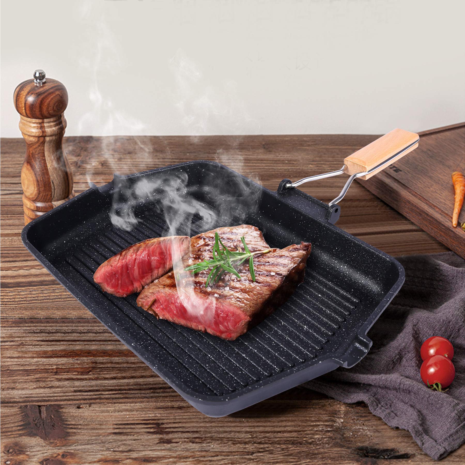 CAMPMAX Grill Pan with Folding Handle, Non-stick Grill Pan for Stove Tops, Induction Compatible KBBQ Grill Pan 14.5x9.9”