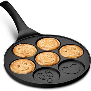 Gourmia GPA9540 Emoji Smiley Face Pancake Pan - Fun 7 Emoji Mini Pancake and Flapjack Maker - Die Cast Aluminum, Double Layer Nonstick Coating - Cool-to-Touch Handle