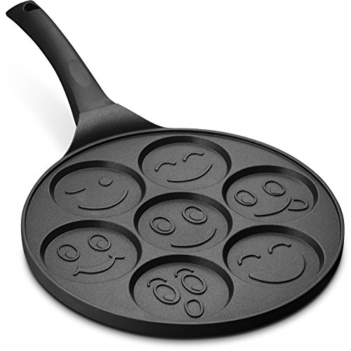 Gourmia GPA9540 Emoji Smiley Face Pancake Pan - Fun 7 Emoji Mini Pancake and Flapjack Maker - Die Cast Aluminum, Double Layer Nonstick Coating - Cool-to-Touch Handle