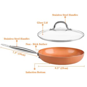 SHINEURI 9.5 inch Copper Fry Pan with Lid, Nonstick Omelet Pans - Perfect for Stir fry, Sauce & Baking, Compatible for Induction, Gas, Electric & Stovetops, Perfect for 2-3 Person Meal